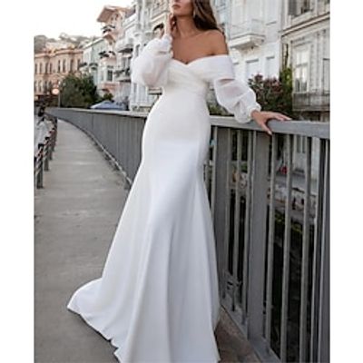 Casual Formal Wedding Dresses Mermaid  Trumpet Off Shoulder Long Sleeve Sweep  Brush Train Chiffon Bridal Gowns With Solid Color 2023 Lightinthebox