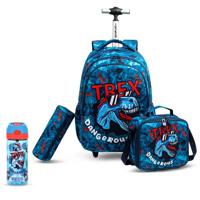 Eazy Kids 18Inch Set Of 4 Trolley School Bag With Tritan 420Ml Water Bottle Lunch Bag And Pencil Case - Trex Dinosaur - Blue