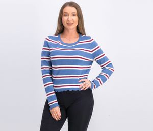 Juniors Lettuce-Edge Pullover  Midnight Blue Stripe