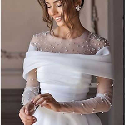 Beach Little White Dresses Formal Wedding Dresses A-Line Illusion Neck Long Sleeve Floor Length Tulle Bridal Gowns With Ruched Beading 2023 Lightinthebox