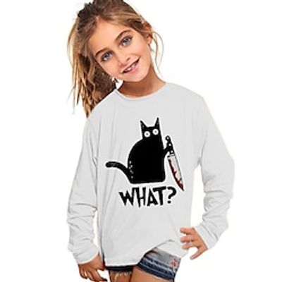 Kids Girls' T shirt Long Sleeve 3D Print Cat Letter Animal Green Blue Gray Children Tops Fall Winter Active Fashion Daily Daily Outdoor Regular Fit 3-12 Years Lightinthebox