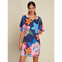 Satin Floral Print Vacation Half Sleeve V Neck Mini Dress - thumbnail