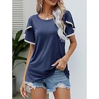 Women's T shirt Tee Gray blue Pink Navy Blue Plain Lace Trims Short Sleeve Daily Weekend Basic Round Neck Regular S miniinthebox - thumbnail