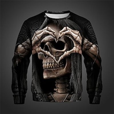 Valentine's Day Skull Men's Punk 3D Printed Pullover Sweatshirt Holiday Vacation Going out Sweatshirts Red Blue Crew Neck Print Spring   Fall Designer Hoodie Sweatshirt Lightinthebox