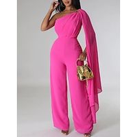 Women's Jumpsuit Cape Solid Color One Shoulder Business Street Daily Slim Sleeveless Orange red Dark Pink S M L Fall Lightinthebox - thumbnail