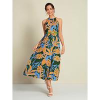 Leaf Print Belted Halter Neck Sleeveless Midi Dress