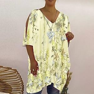 Women's Plus Size Tops T shirt Tee Floral Cut Out Print Half Sleeve V Neck Festival Daily Going out Cotton Spandex Jersey Spring Summer White Pink miniinthebox