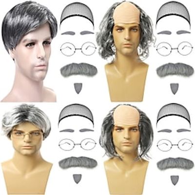 Old Man Wig and Mustache Set Grandpa Costume Accessories Kit with Grey Wig Fake Beard Eyebrows Glasses for Men Adults Teens Lightinthebox