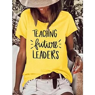 Women's Painting T shirt Tee Text Print Round Neck Basic Tops Green White Black Lightinthebox