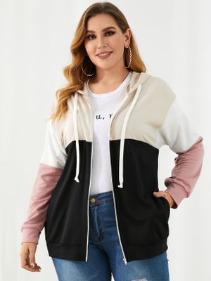YOINS Plus Size Color Block Side Pockets Hooded Design Long Sleeves Coat