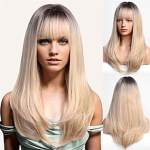 Ombre Blonde Wigs for Women Dark Root Long Straight layered Wig with Bangs Heat Resistant Fiber Synthetic Wigs Daily Natural looking miniinthebox