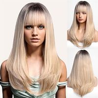 Ombre Blonde Wigs for Women Dark Root Long Straight layered Wig with Bangs Heat Resistant Fiber Synthetic Wigs Daily Natural looking miniinthebox