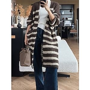 Women's Cardigan Sweater Jacket V Neck Crochet Knit Polyester Pocket Knitted Fall Winter Long Outdoor Daily Going out Fashion Streetwear Casual Long Sleeve Color Block Striped Khaki Coffee S M L Lightinthebox
