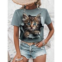 Women's T shirt Tee Animal Daily Weekend Print Blue Short Sleeve Fashion Round Neck 3D cat Summer Lightinthebox