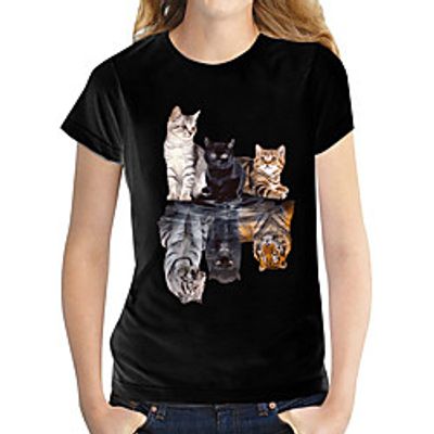 Women's T shirt Butterfly Graphic Prints Round Neck Tops 100% Cotton Black and White Cat White miniinthebox