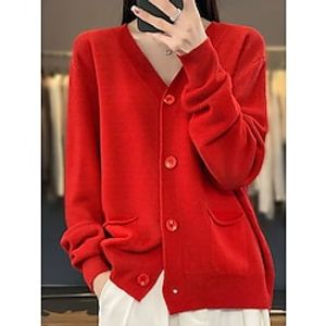 Women's Cardigan Sweater Jacket V Neck Ribbed Knit Acrylic Button Knitted Fall Winter Regular Outdoor Daily Going out Fashion Streetwear Casual Long Sleeve Solid Color Black Pink Red S M L Lightinthebox