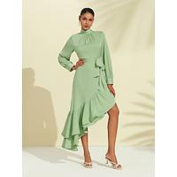 Sweet Shimmery Peplum Dress Solid Long Sleeve Ruffles Dress