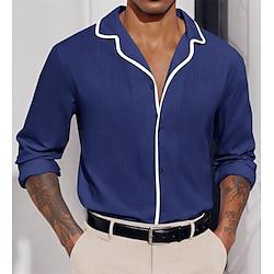 Men's Shirt Linen Shirt Button Up Shirt Summer Shirt Beach Shirt White Navy Blue Blue Long Sleeve Plain Camp Collar Spring Summer Casual Daily Clothing Apparel Lightinthebox