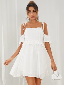 YOINS Cold shoulder Ruffle trim With Lining Short sleeves Mini Dress