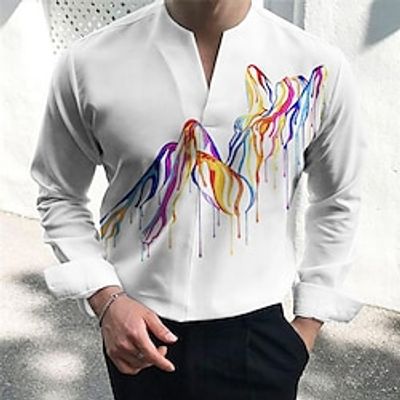 Portrait Graffiti Gradient Ramp Abstract Casual Men's Shirt Outdoor Street Casual Daily Fall  Winter Split Neck Long Sleeve Black White Blue S M L Shirt Lightinthebox