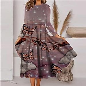 Women's Casual Dress Swing Dress Midi Dress Blue Purple Fuchsia Royal Blue Blue Black Long Sleeve Animal Butterfly Pocket Print Winter Fall Vacation Casual Fall Dress 2022 S M L XL XXL 3XL miniinthebox