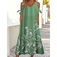Women's Casual Dress Summer Dress Print Dress Leaf Floral Ruched Pocket Crew Neck Midi Dress Streetwear Mature Outdoor Daily Short Sleeve Regular Fit Green Summer Spring S M L XL XXL Lightinthebox - thumbnail