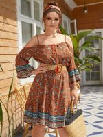 YOINS Plus Size Cold Shoulder Tribal Tie-up Design Long Sleeves Dress - thumbnail