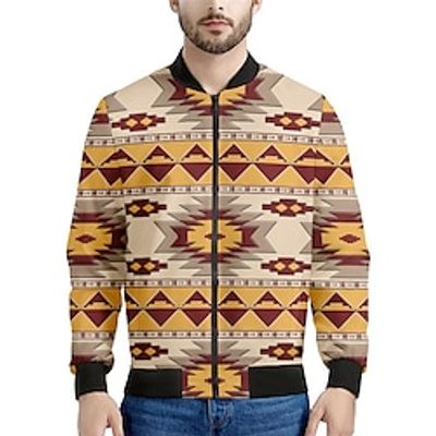 Geometry Ethnic Vintage Tribal Men's Bomber Jacket Coat Sports  Outdoor Daily Wear Going out Fall  Winter Standing Collar Long Sleeve Yellow Blue S M L Polyester Weaving Jacket Lightinthebox
