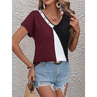 Women's T shirt Tee Color Block Daily Weekend Button Print Wine Short Sleeve Fashion V Neck Summer Lightinthebox