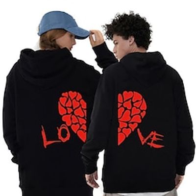 Couple's Hoodie Sweatshirt Pullover Heart Valentine's Day Active Sportswear Print Drawstring Front Pocket Black Dark Gray Casual Sports Hooded Long Sleeve Top Micro-elastic Spring   Fall Lightinthebox