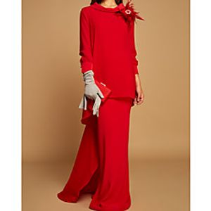 Sheath / Column Mother of the Bride Dress Elegant Jewel Neck Floor Length Chiffon Long Sleeve with Ruffles Flower 2021 miniinthebox