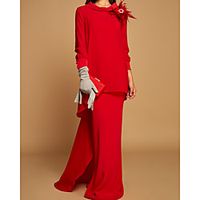 Sheath / Column Mother of the Bride Dress Elegant Jewel Neck Floor Length Chiffon Long Sleeve with Ruffles Flower 2021 miniinthebox - thumbnail