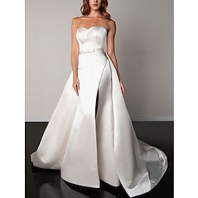 Formal Wedding Dresses A-Line Sweetheart Sleeveless Court Train Satin Bridal Gowns With Bow(s) Pleats 2023 Lightinthebox