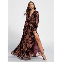 Women's Velvet Dress Prom Dress Party Dress Long Dress Maxi Dress Black Long Sleeve Floral Flower flowers and plants Lace up Split Print Summer Spring Fall V N - thumbnail