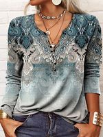 Round Neck Casual Loose Vintage Print Long Sleeve T-shirt