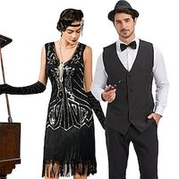 Retro Vintage Roaring 20s 1920s Flapper Dress Outfits Waistcoat Couples Costumes The Great Gatsby Gentleman Men's Women's Sequins Tassel Fringe Cosplay Costume New Year Party Prom Costume miniinthebox - thumbnail