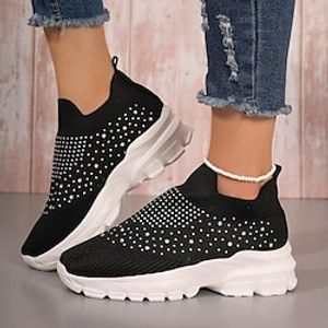 Women's Sneakers Slip-Ons Flyknit Shoes Outdoor Daily Rhinestone Flat Heel Round Toe Casual Comfort Minimalism Walking Shoes Tissage Volant Loafer Solid Color Black Orange Grey Lightinthebox