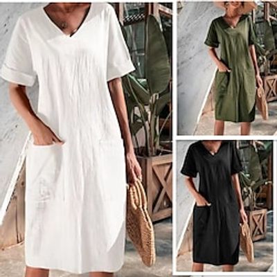 Women's Casual Dress Summer Dress Plain Dress Midi Dress Pocket Street Date Basic V Neck Short Sleeve Loose Fit Black White Wine Color S M L XL 2XL Size Lightinthebox