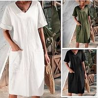 Women's Casual Dress Summer Dress Plain Dress Midi Dress Pocket Street Date Basic V Neck Short Sleeve Loose Fit Black White Wine Color S M L XL 2XL Size Lightinthebox - thumbnail