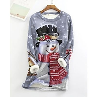 Women's Pullover Christmas Sweatshirt Sherpa Fleece Lined Plaid Snowman Snowflake Warm Fuzzy Festival Print Red Gray Christmas Casual Round Neck Long Sleeve Top Micro-elastic Fall  Winter Lightinthebox