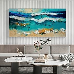 Handmade Oil Painting Canvas Wall Art Decor Original The Waves Abstract Beach Painting for Home Decor With Stretched Frame/Without Inner Frame Painting miniinthebox