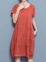 Floral Embroidered Loose Short Sleeve O-neck Dress For Women
