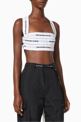 Logo Tape Halter Crop Top in Elastic Fabric Logo Tape Halter Crop Top in Elastic Fabric