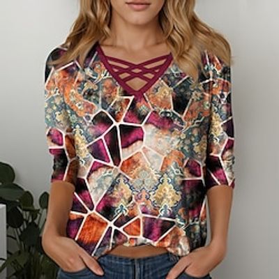 Women's T shirt Tee Graphic Casual Red Purple Green Print Long Sleeve Fashion V Neck Regular Fit Spring   Fall Lightinthebox
