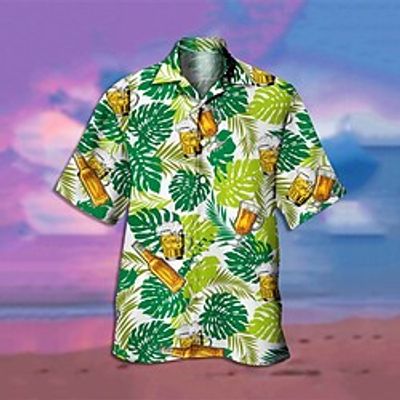 Men's Shirt Leaves Turndown Street Casual 3D Button-Down Short Sleeve Tops Casual Fashion Comfortable Beach Green Lightinthebox