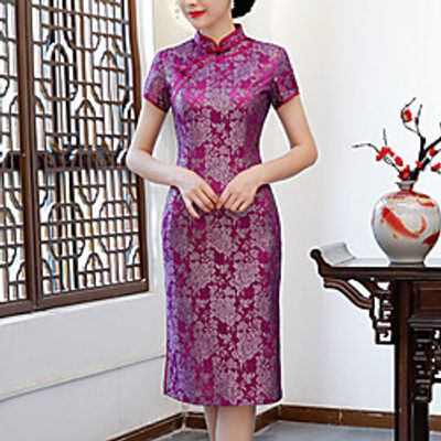 Women's Bodycon Knee Length Dress Purple Short Sleeve Floral Embroidery Embroidered Split Spring Summer Mandarin Collar Elegant Vintage Traditional Party 2022 M L XL XXL 3XL / Party Dress miniinthebox