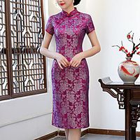 Women's Bodycon Knee Length Dress Purple Short Sleeve Floral Embroidery Embroidered Split Spring Summer Mandarin Collar Elegant Vintage Traditional Party 2022 M L XL XXL 3XL / Party Dress miniinthebox - thumbnail