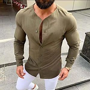 Men's Shirt Solid Color Collarless Street Casual Long Sleeve Tops Simple Fashion Nostalgic Slim Fit White Black Army Green miniinthebox