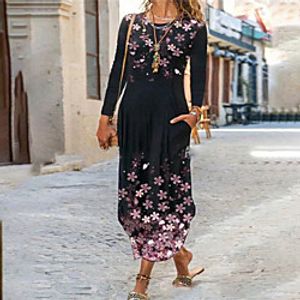 Women's A Line Dress Maxi long Dress Black Long Sleeve Floral Print Fall Round Neck Casual 2021 S M L XL XXL 3XL miniinthebox