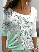 V-neck Casual Loose Floral Print Long Sleeve T-shirt